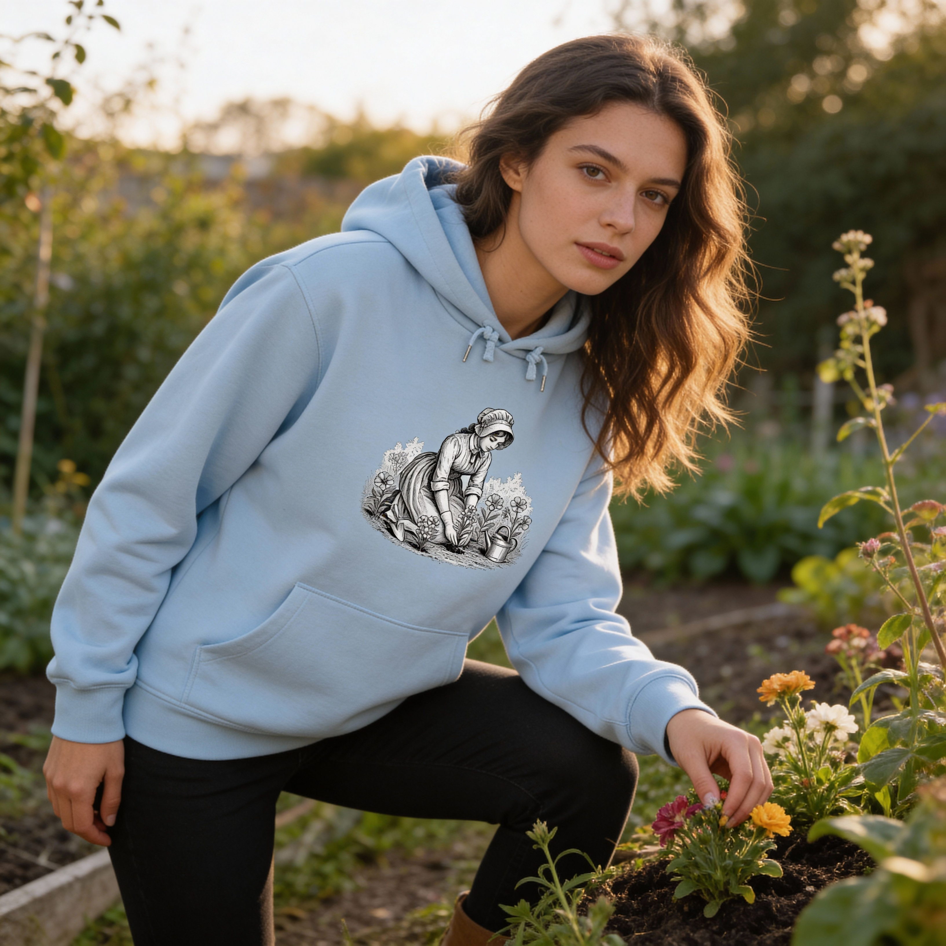 Kupferstichdesign Dame im Blumenbeet Unisex/Herren Hoodie