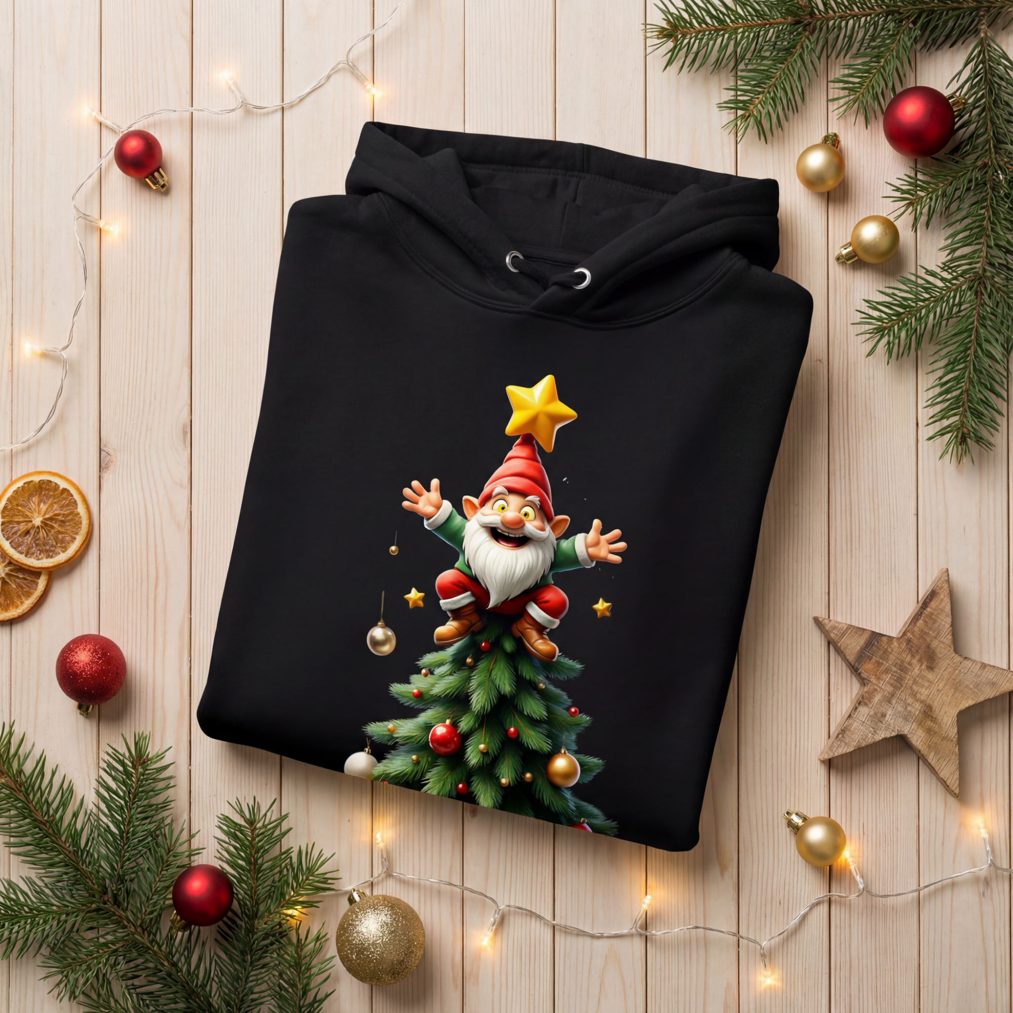 Gartenzwerg Weihnachtsbaumspitze Unisex/Herren Hoodie mit Taschendruck